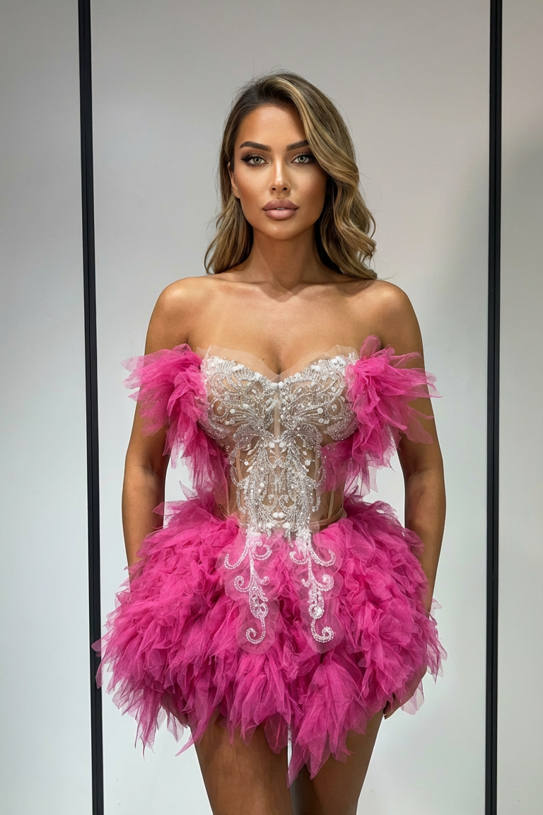 Woman wearing a pink feathered dress with a silver bodice against a gray background