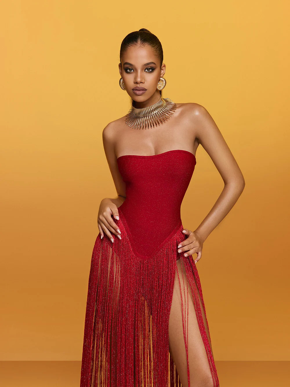 Bianca Strapless Fringe Bandage Maxi Dress