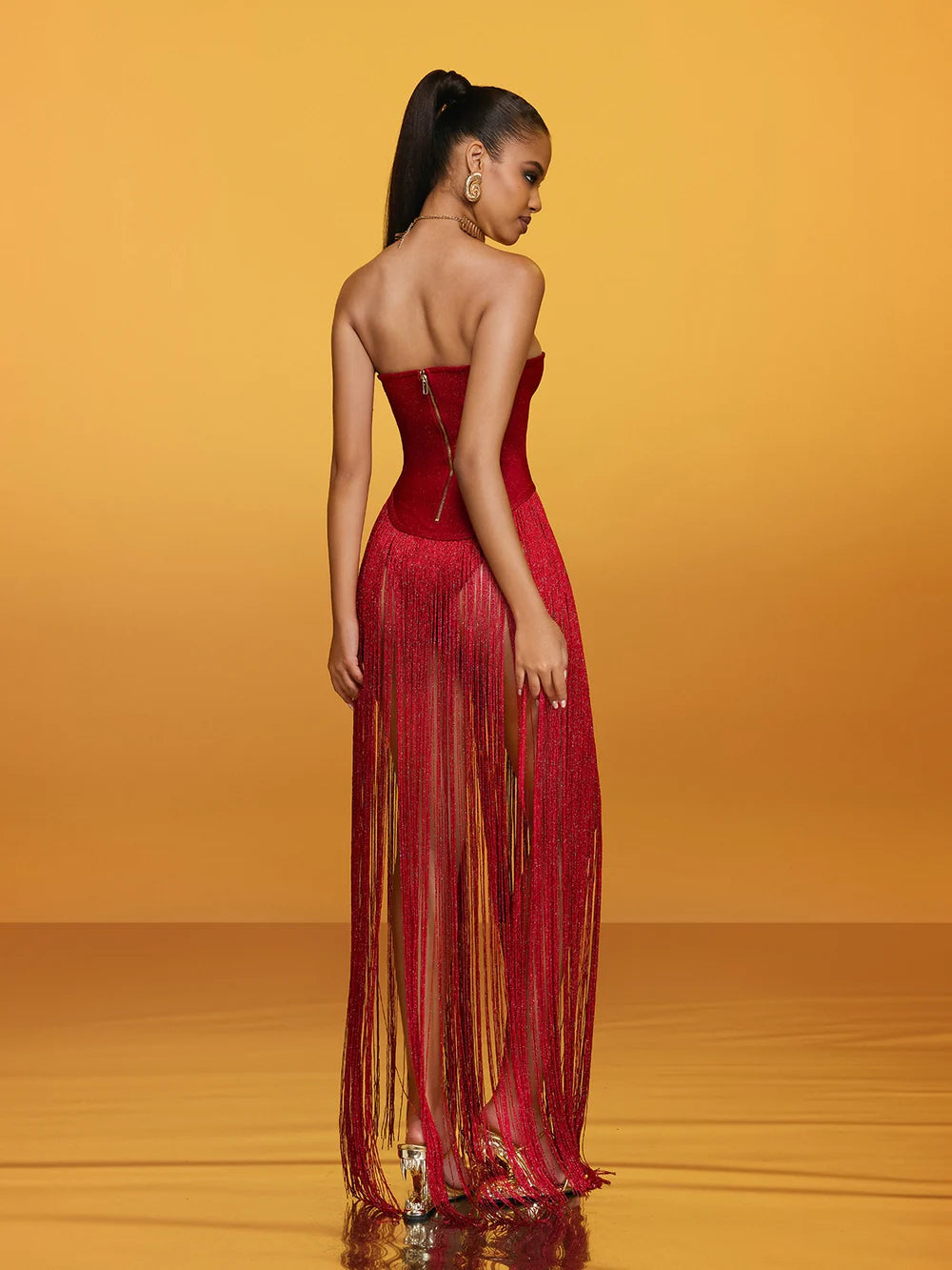 Bianca Strapless Fringe Bandage Maxi Dress