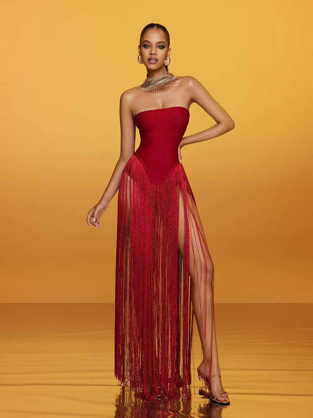 Bianca Strapless Fringe Bandage Maxi Dress
