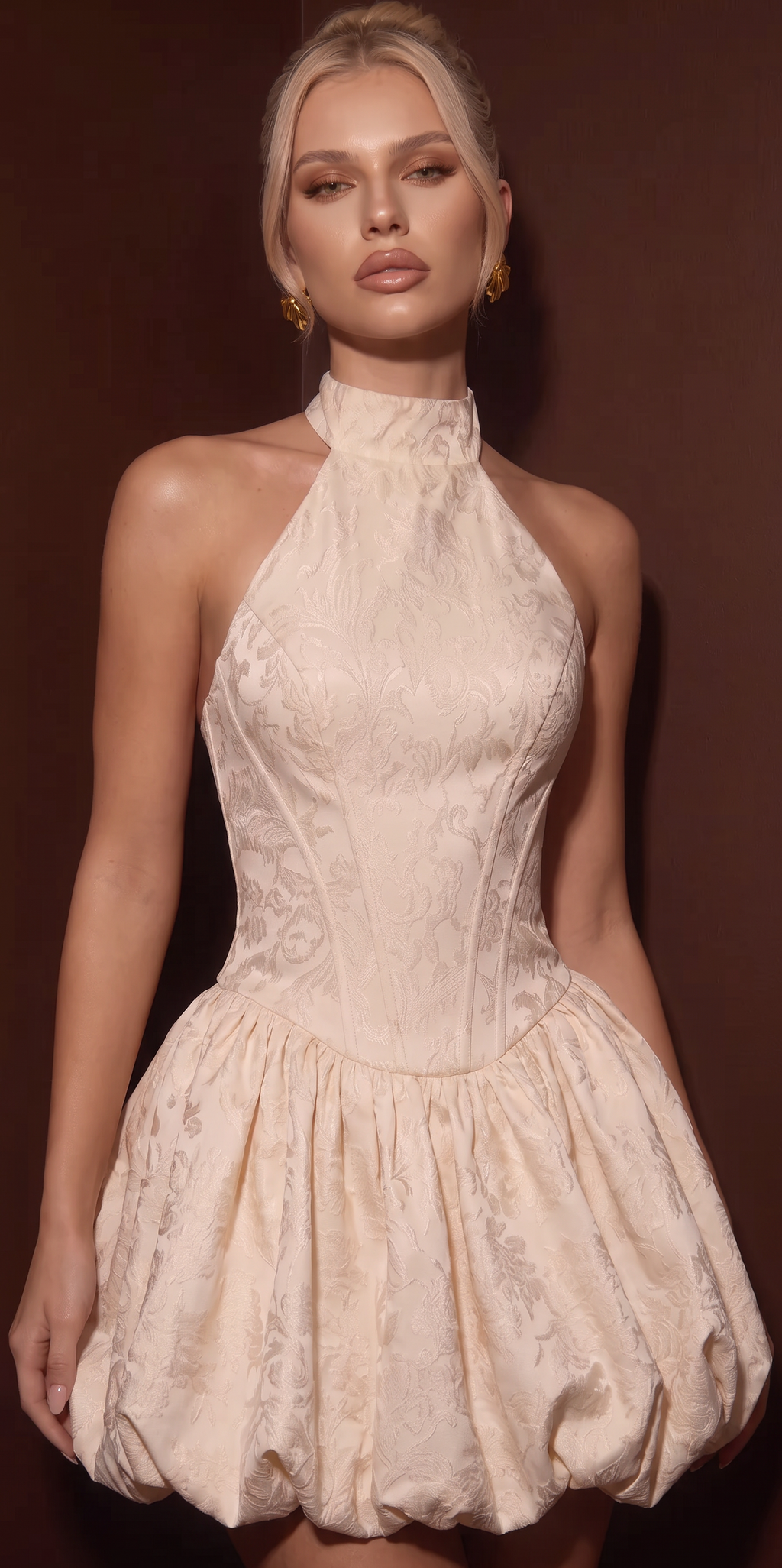 A woman modeling a sleeveless halter-neck mini dress with a structured corset-style bodice and a voluminous gathered skirt, in a light champagne beige tone against a dark brown background.