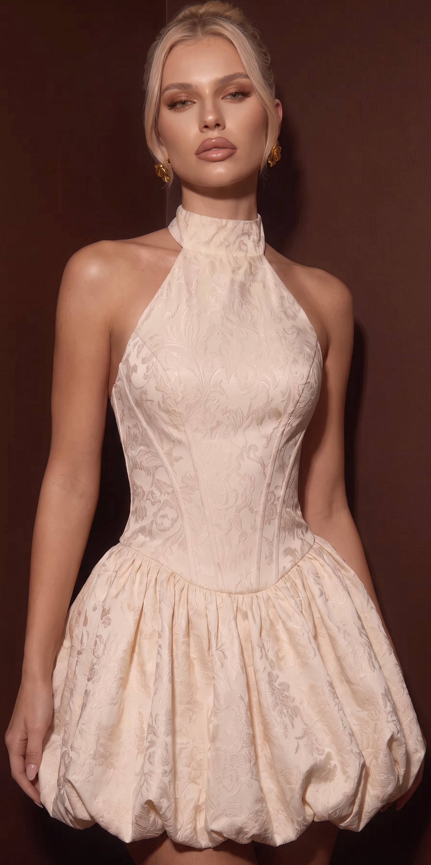 A woman modeling a sleeveless halter-neck mini dress with a structured corset-style bodice and a voluminous gathered skirt, in a light champagne beige tone against a dark brown background.