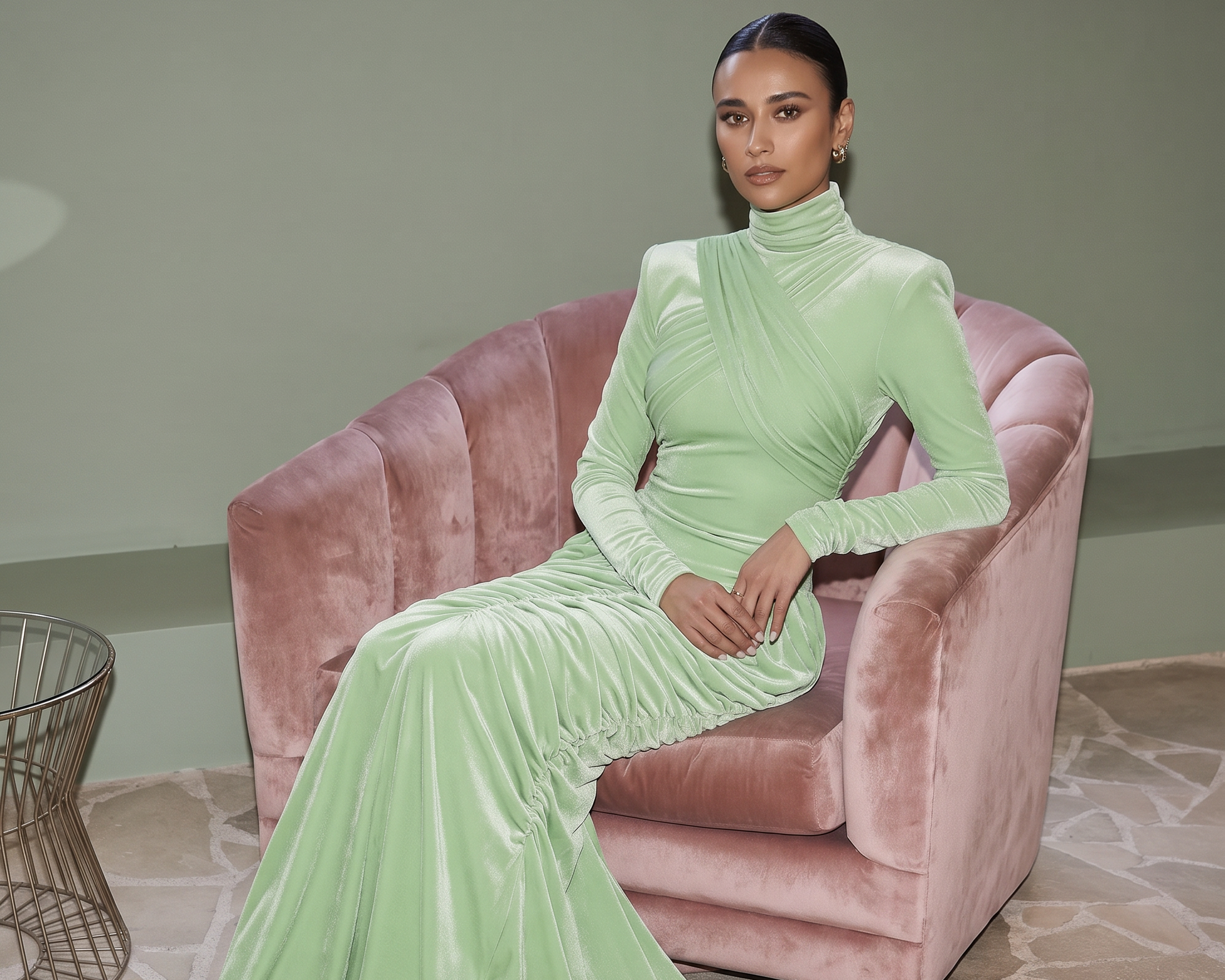 A woman wearing a light mint green velvet long-sleeve turtleneck gown sits on a dusty pink velvet armchair in a styled interior setting.